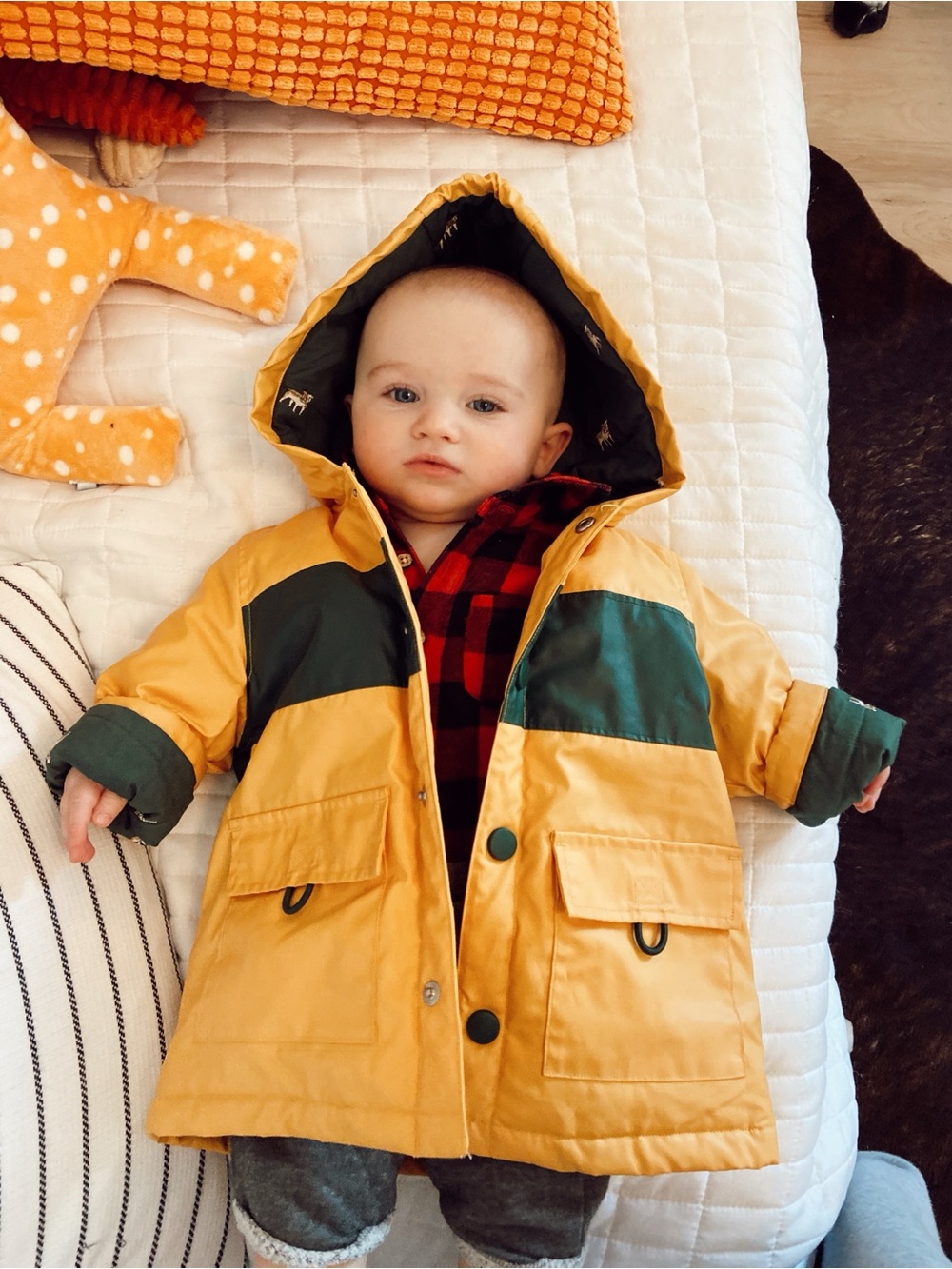 Janie and Jack Yellow and Green Hooded Rain Coat, (12 months)